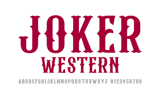 Jocker font. Alphabet an western lettering style in dark red tones vector illustration