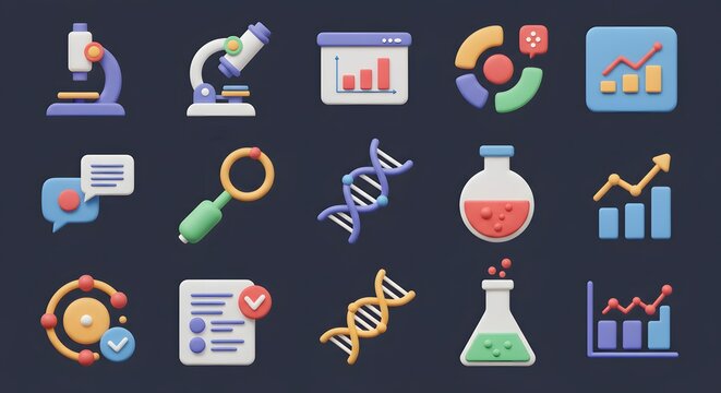 Colorful Science and Research Icons Featuring Microscopes, Graphs, DNA, and Laboratory Equipment