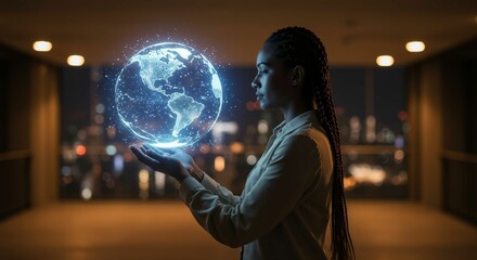 Naklejka premium Woman Holding Digital Globe Representing Global Connectivity and Technological Innovation