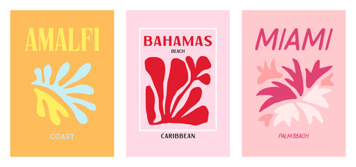 Retro Print Vintage Amalfi Preppy Wall Art, Bahamas and Miami Poster Set, Summer Vector Illustration Aesthetic Cutout Shapes Colorful Irregular Paper Cut Collage Mid Century Interior Design