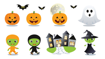 Obraz premium Cartoon halloween scene with pumpkins, bats, ghost, witch, and haunted house illustration
