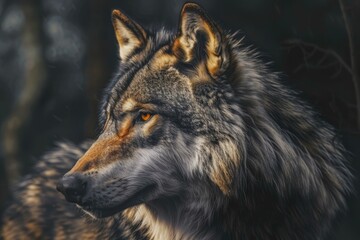 Obraz premium Wolf with intense orange eyes looking towards something in a dense forest
