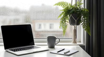 Fototapeta premium Laptop with a blank frameless screen on the wooden table window