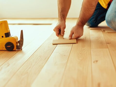 A person installs wooden flooring, aligning planks carefully on the floor with a yellow electric planer nearby.