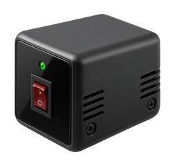 Voltage transformer with a rugged plastic housing for added safety in households with children.