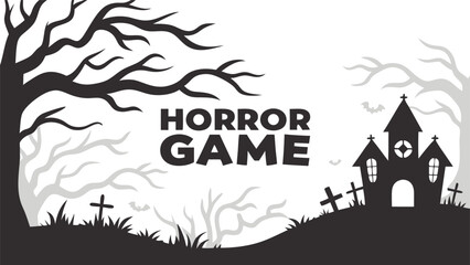 Illustration of a spooky mansion with crosses and trees in black and white with horror game text centered