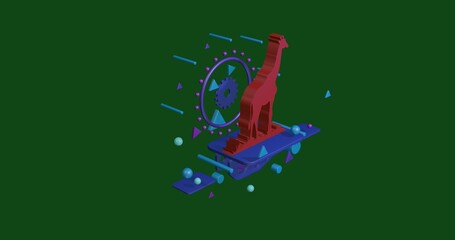 Red giraffe symbol on a pedestal of abstract geometric shapes floating in the air. Abstract concept art with flying shapes in the center. 3d illustration on green background