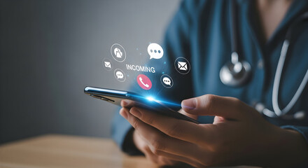 A person's hands hold a glowing smartphone displaying various digital communication icons and an "incoming" notification.