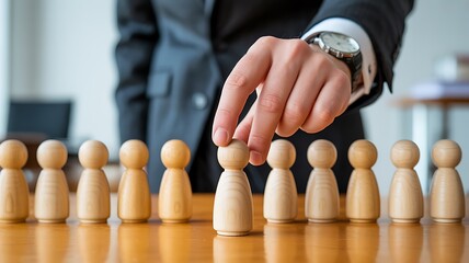 Businessman selecting wooden figure from lineup for leadership and recruitment
