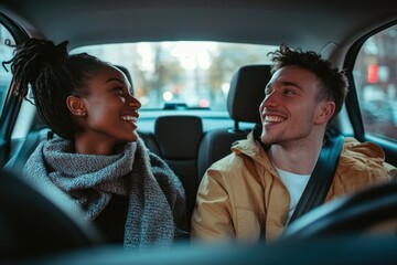 Multiracial couple engaged in lighthearted conversation while cruising downtown, captured from rear car seat