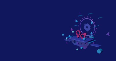 Pink gender symbol on a pedestal of abstract geometric shapes floating in the air. Abstract concept art with flying shapes on the right. 3d illustration on indigo background
