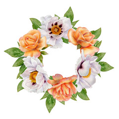 Watercolor hand-drawn illustration of a floral round frame made of white peonies and orange roses with green leaves on white background. Perfect for postcards packaging cards decor and design.