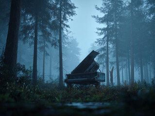 Cinematic Scene of a Broken Piano in Nature