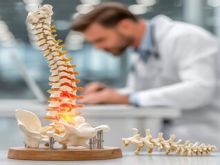 Spinal health diagnosis: A medical professional examines a model of the human spine, showcasing the intricate details of the spinal structure and highlighting potential areas of concern or injury