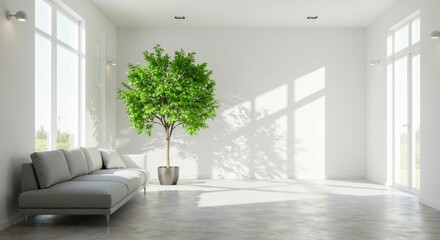 Fototapeta premium Elegant Sunlit Room: Minimalist Interior with Green Tree and Modern Sofa