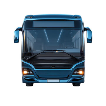 Front view of a new blue bus isolated on a cutout PNG transparent background