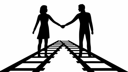 Silhouette of a man and woman holding hands while standing on railroad tracks in black and white art
