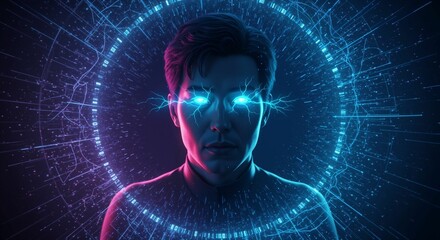 Futuristic man with glowing eyes in digital interface represents technology