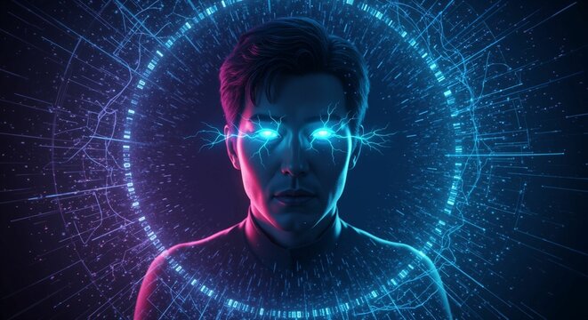 Futuristic man with glowing eyes in digital interface represents technology - Powered by Adobe