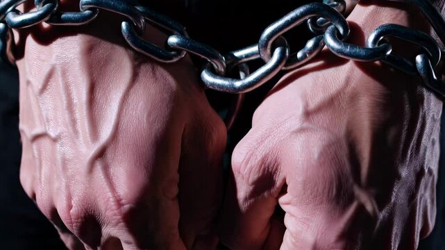 Closeup of hands struggling in heavy chains: dramatic tension and resilience