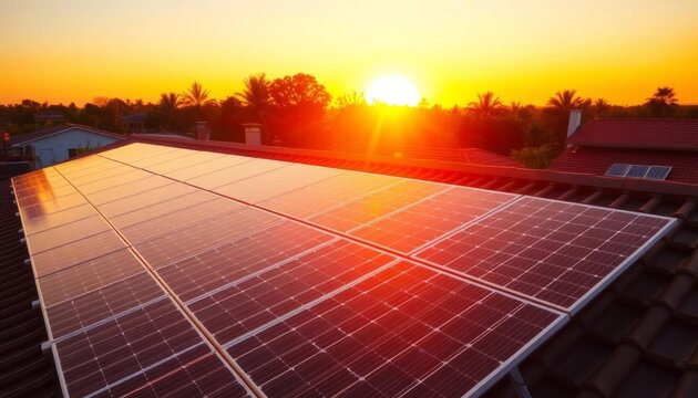 Sunset casts golden light on rooftop solar panels, powering a home,  golden light,  energy independence