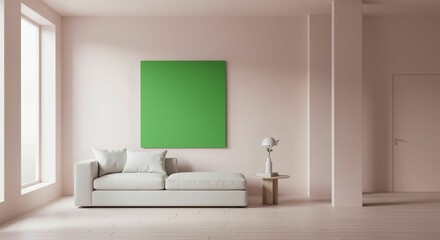 Elegant minimalist interior with pink walls green artwork and neutral furniture