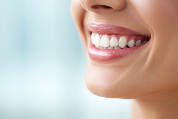 Photo of a closeup of a womans beautiful, healthy smile with white teeth