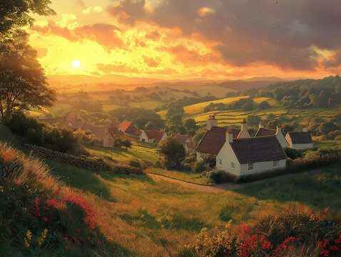 Tranquil Sunset in a Traditional Welsh Village Setting