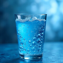 Blue bubbles rise gently in a clear glass.
