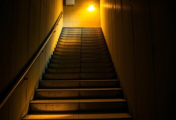 Fototapeta premium Yellow light illuminates descending concrete stairs, yellow glow, shadow