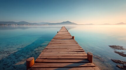 Obraz premium Wooden Pier Extending into Calm Ocean at Sunrise