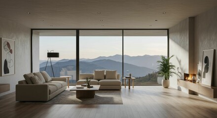 Serene modern living space featuring panoramic mountain vista through expansive windows