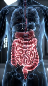 Detailed 3D Render of Glowing Translucent Human Torso Displaying Red Digestive System Against Blurred Gray White Background
