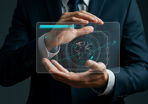Businessman in Suit Interacting with Radar Chart and World Map Interface – Global Data Analysis, Market Research, Business Intelligence and Technology Innovation Concept