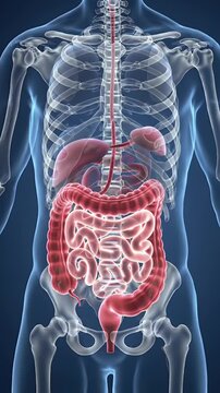 Detailed Anatomical Illustration of Transparent Human Torso Featuring Red Digestive System Against Blue Backdrop