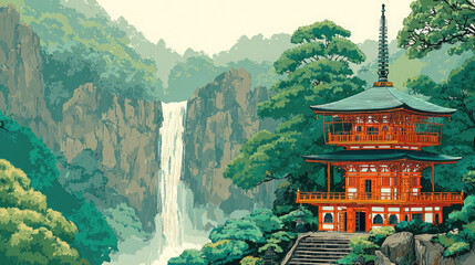 Majestic japanese pagoda nestled in verdant nature with a stunning waterfall landscape