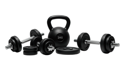 Isolated black kettlebell and dumbbells with plates on a black background for strength training use