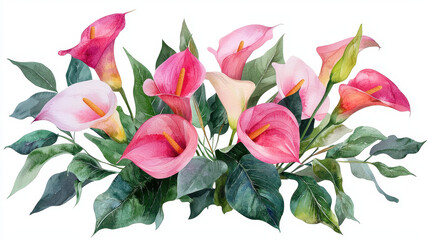 Beautiful Calla lilies in various shades of pink and white, surrounded by lush green leaves, create vibrant floral arrangement