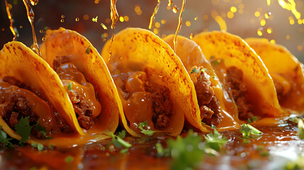 crispy tacos generously filled and drenched in a golden, flowing sauce, with fresh cilantro scattered around, creating a dynamic culinary display