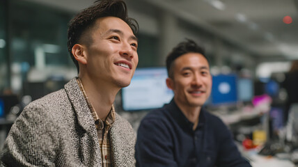 Two young asian men smiling and looking up in an office environment with blurred computer screens in the background