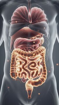 Detailed Anatomy of Glowing Digestive System in Human Torso Featuring Transparent Organs on Neutral Background Perfect For Education and Medical Usage