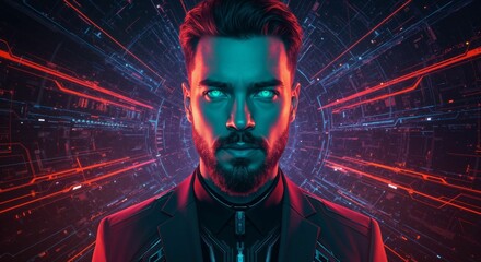 Man with Glowing Eyes in Cybernetic Interface Represents Future Tech