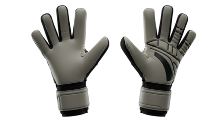 A pair of goalkeeper gloves with gray palms and black accents displayed against a black background