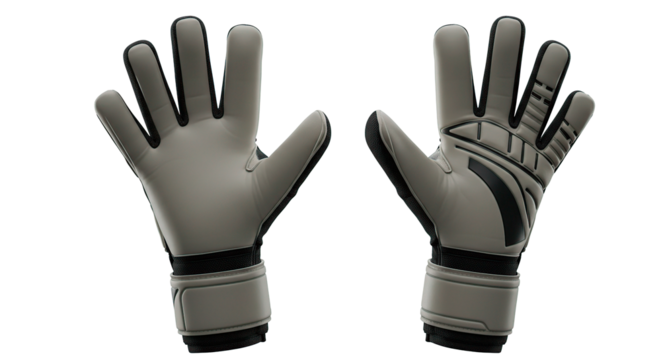 A pair of goalkeeper gloves with gray palms and black accents displayed against a black background