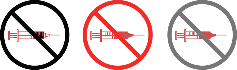 Three prohibition signs with syringes indicating no vaccination or medical injection