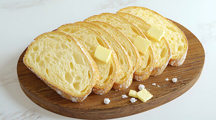 Freshly sliced golden crusted bread, topped with pats of melting butter and sprinkled with sea salt, elegantly presented on a natural wooden serving board
