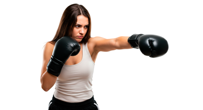 Woman in white tank top throwing a punch wearing black boxing gloves on a black background image