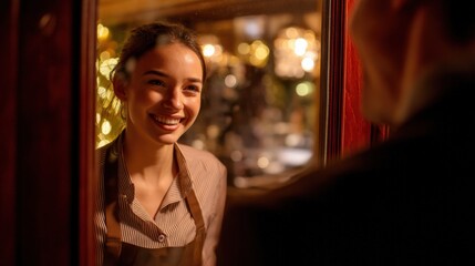 Happy smiling waitress taking an order from a customer, with the warm glow of the restaurant interior visible through the window.
