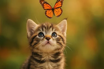 Canvas schilderij Hotel Kitten mesmerized by butterfly  © Rawpixel.com