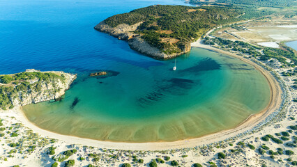 Aerial view of voidokilia bay beach, one of the best beaches in mediterranean Europe, beautiful...